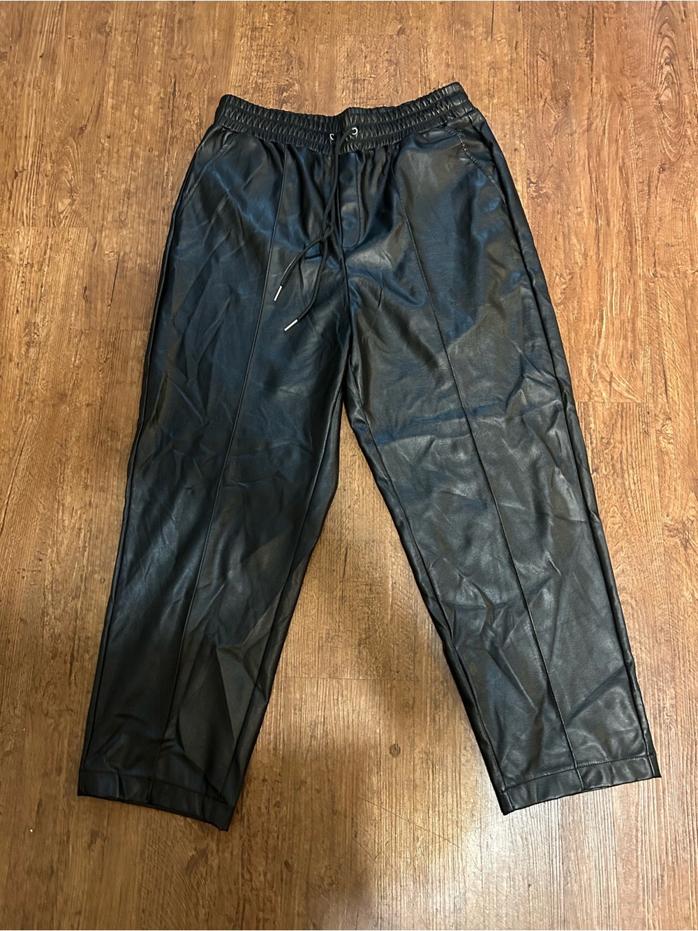CALIA Womens Medium Black Faux Leather Pants Drawstring Straight Leg